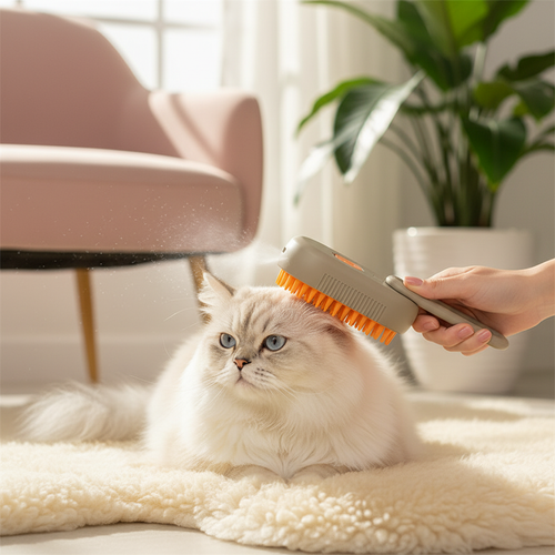 Cat being gently groomed with the Pawora misting brush